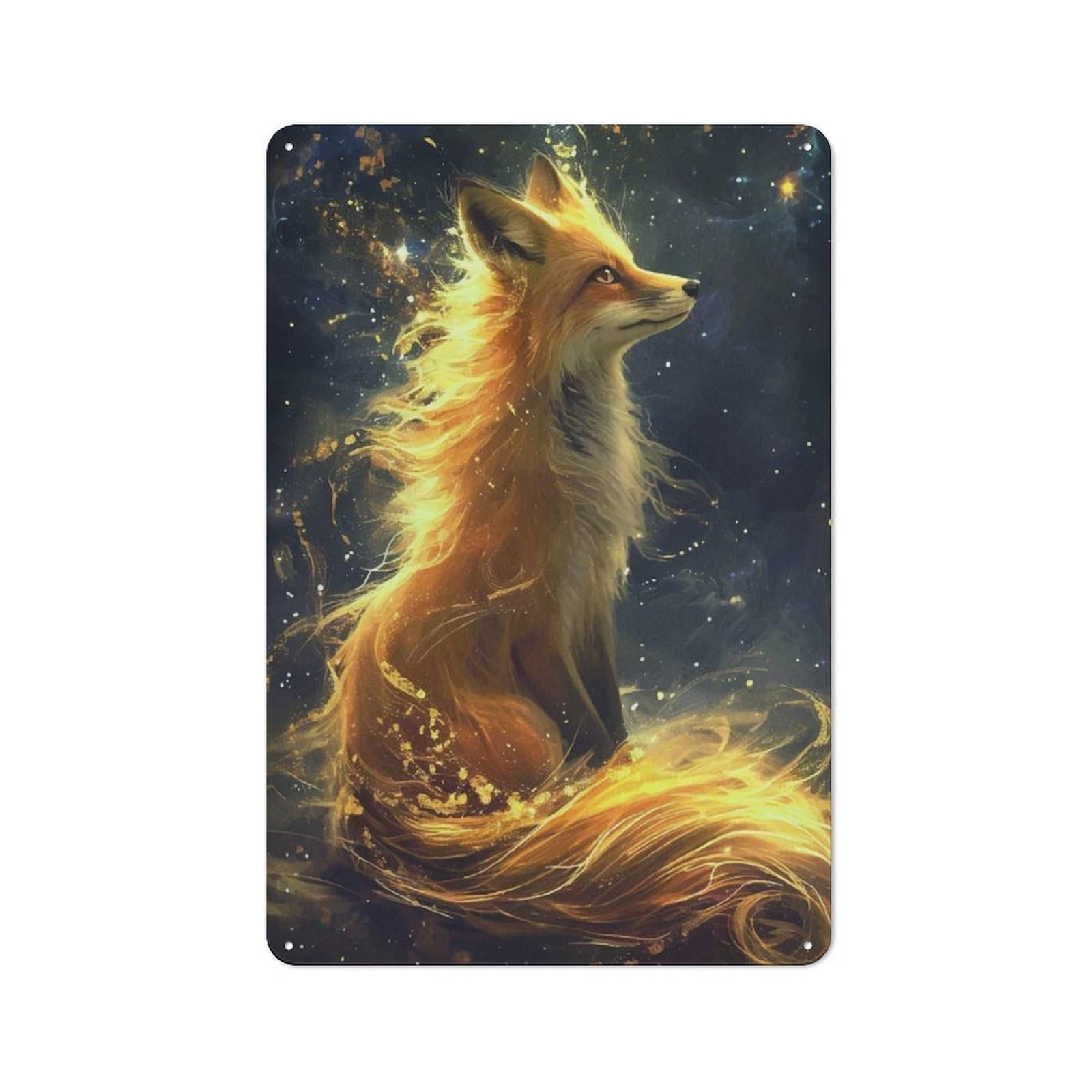 Junmoney Style-17 Tin Wall Plaque 30X20cm With Kitsune Fox Colorfull For Home Office Or Studio, For Garage, Workshop And Man Cave Decoration