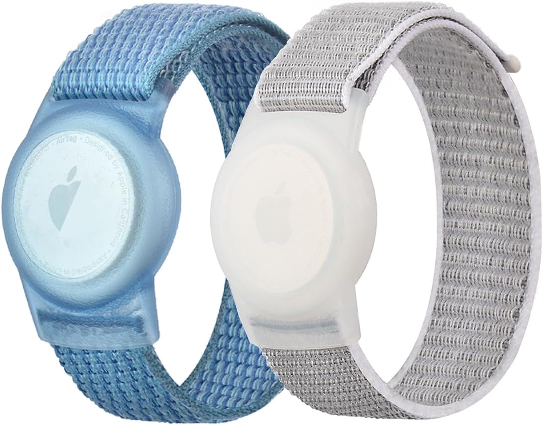 2 Pack Wristbands for Airtag Kids with Adjustable Nylon Strap Finders Holder Protector,Lightweight, Breathable Anti-Loss Bracelet for Kids and Toddler Airtag Cover (White/Blue, 2 Pack)