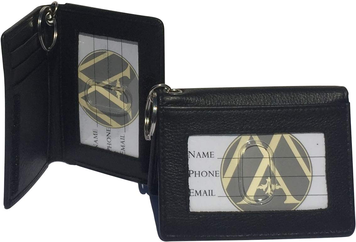 Two-Fold Small Dual Clear Window Leather Bifold ID Card Holder Wallet and Key Chain for Men and Women