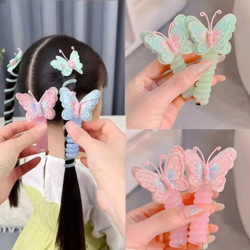 ZEELPETAL Hair Ties, Candy-Colored Butterfly Telephone Cord Hair Bands, Elegant Simple Cute Style No-Damage Elastic Ponytail Holders, Durable Twin Ponytails Hair Accessories 2Pcs, Multi Color.