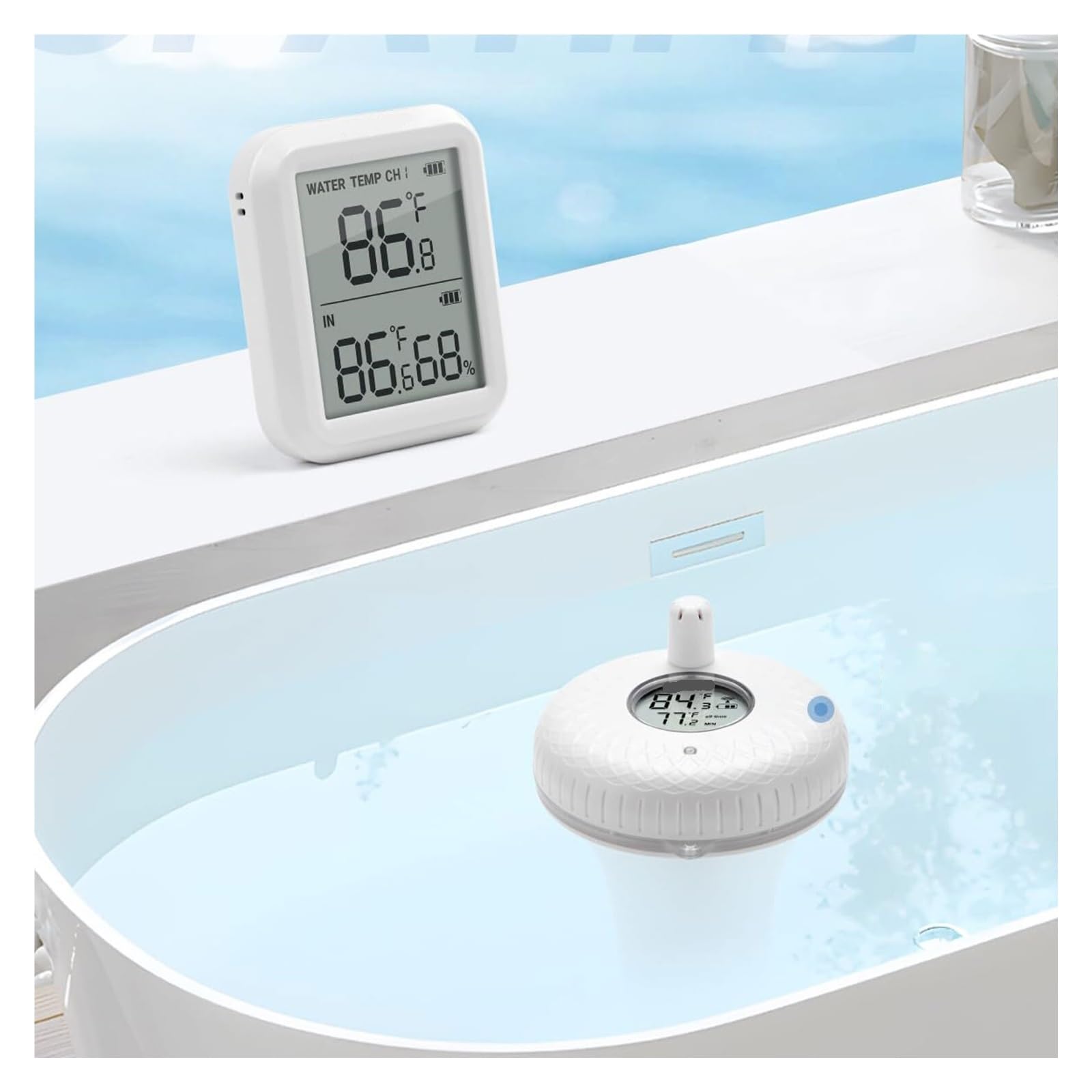 Drahtloses Poolthermometer-Set, schwimmendes Poolthermometer mit Innentemperatur-Feuchtigkeitsmonitor for heiße Quellen, kleine Teiche 2