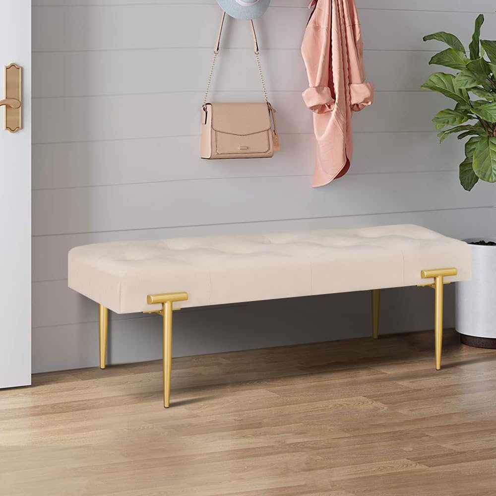 48'' Modern Ottoman Bench Velvet Bench Upholstered Footrest with Gold Metal Legs and Padded Seat for Bedroom Living Room Entryway, Beige