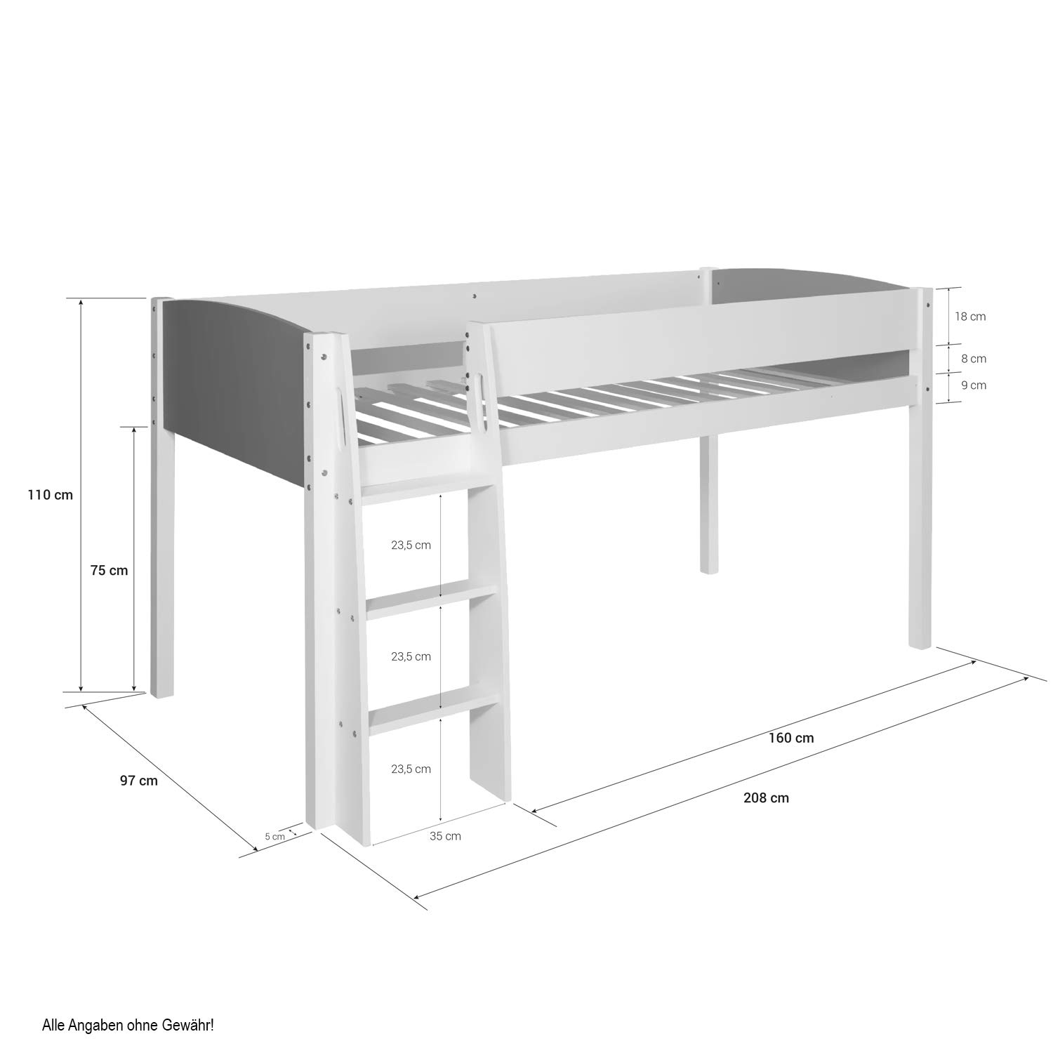 Homestyle4u Hochbett 90x200 Weiß Grau - Kinderbett Kiefer mit Treppe | Massives Stockbett aus Holz für Jungen & Mädchen, stabiles Etagenbett inklusive Rausfallschutz & Leiter wechselseitig