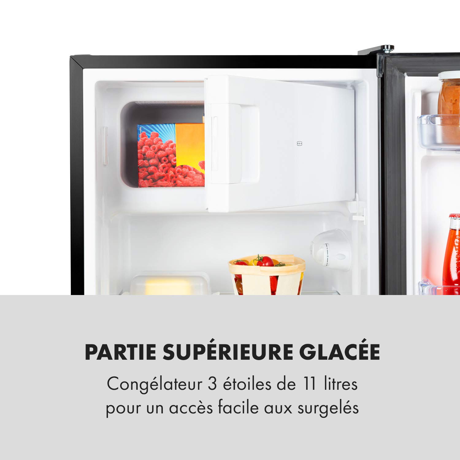 KLARSTEIN Cool Cousin - Combiné réfrigérateur congélateur, 80 L :69 L réfrigérateur et 11 L congélateur 3 étoiles, 2 clayettes en verre, 3 compartiments de porte, bac à légumes