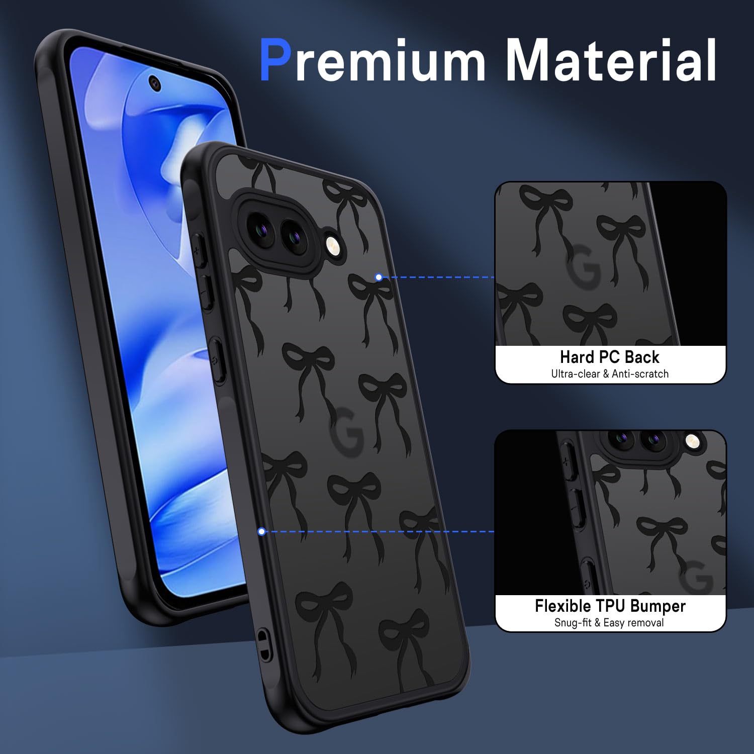 Custodia Per Google Pixel 9a - Antiurto TPU E PC Rigido, Effetto Pelle Satinato Nero - 2