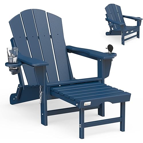 Mdeam Folding Adirondack Chair Patio Lawn Outdoor Fire Pit Chair Adirondack Chair Weather Resistant with 2 Cup Holder/Adirondack Retractable Ottoman(Navy Blue)