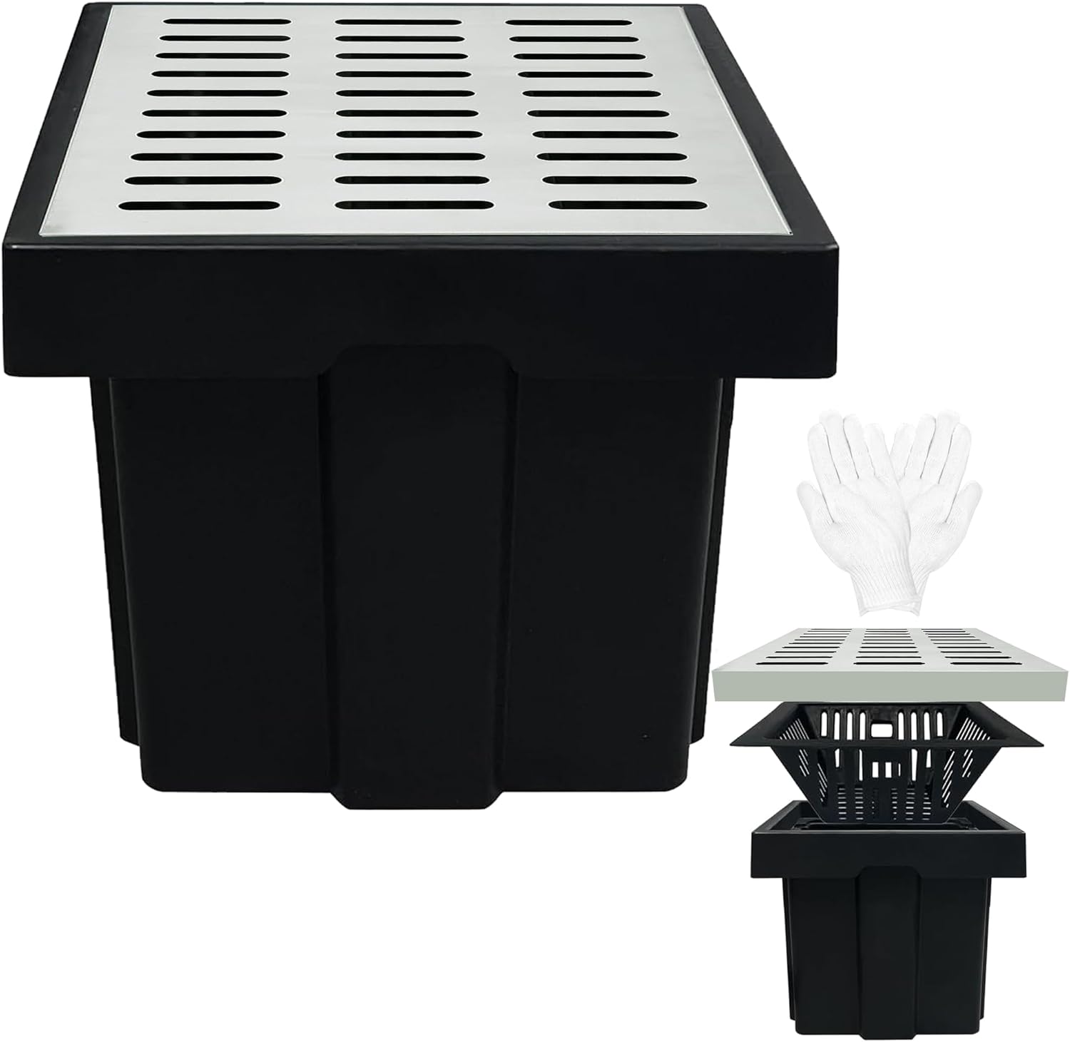 18x18x24 in Large Catch Basin with 304 Stainless Steel Grate,Catch Basin for Drainage with Debris Basket,French Drain Catch Basins Without Pre Drilled Holes are Suitable for Courtyards (18x18x24 in)