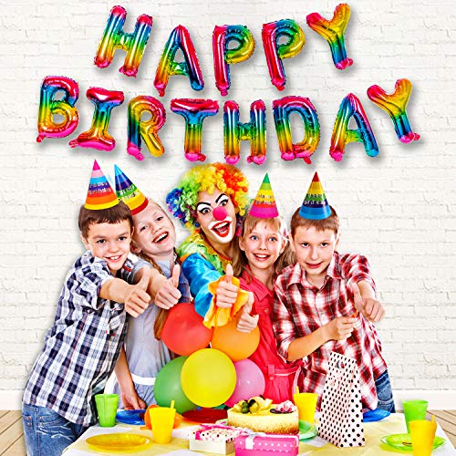 Collect Present Rainbow Birthday Party Decorations for Girls and Boys – Inflatable Happy Birthday Banner with 20 Party Hats and 20 Party Blowers – Includes Inflation Straw and Hanging Ribbon