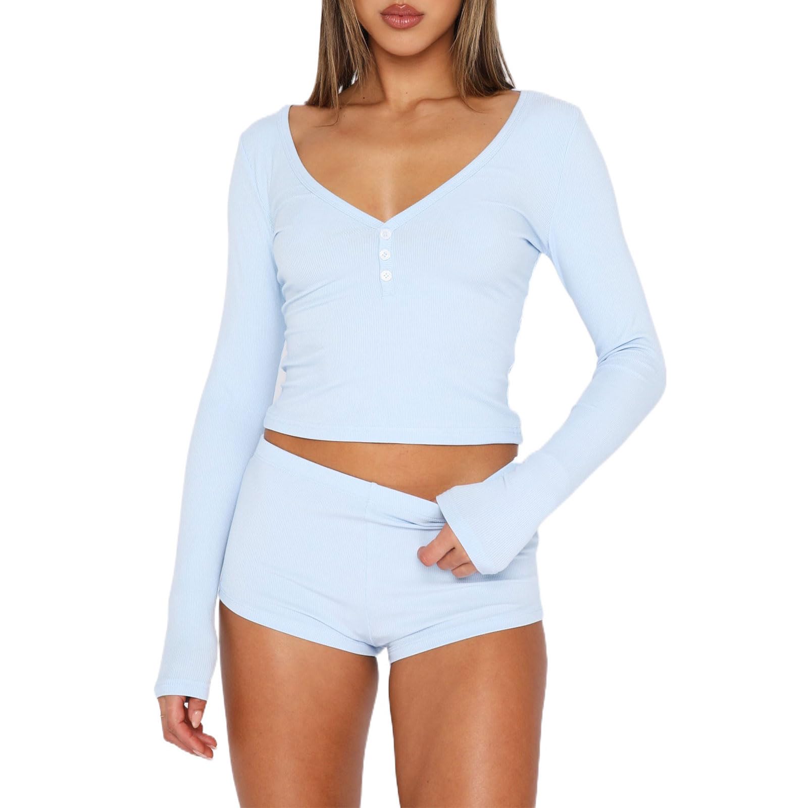 Women Knitted 2 Piece Outfits Pajamas Long Sleeve Slim Fit Shirt Top High Waist Shorts Y2k Lounge Sleepwear Set
