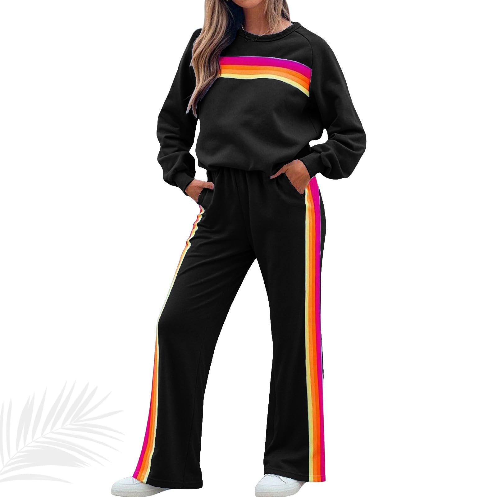 Generisch Set da 2 pezzi da donna a righe arcobaleno, maglione, felpa e pantaloni abbinati a gamba larga, tuta da allenamento lounge (nero, L)