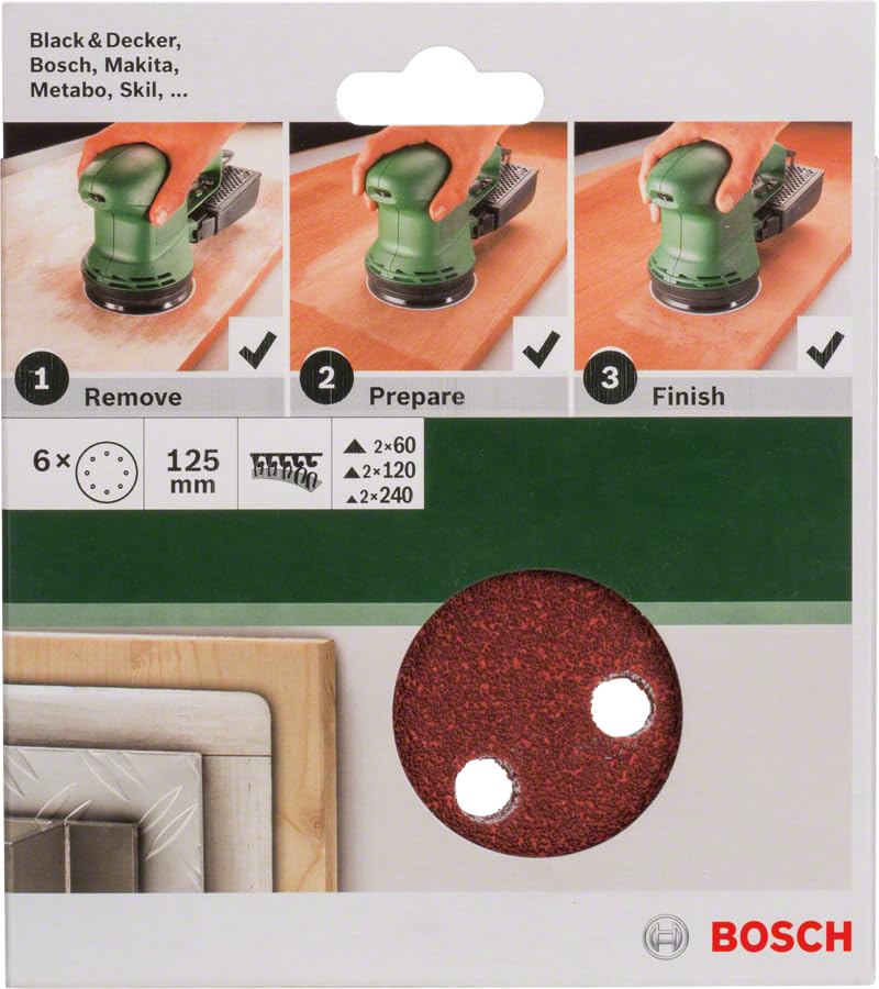Bosch Professional Accessories Eksantirik Zımpara Kağıdı 6'lı Set, 125 Mm 60/120/240 Kum 8 Delik