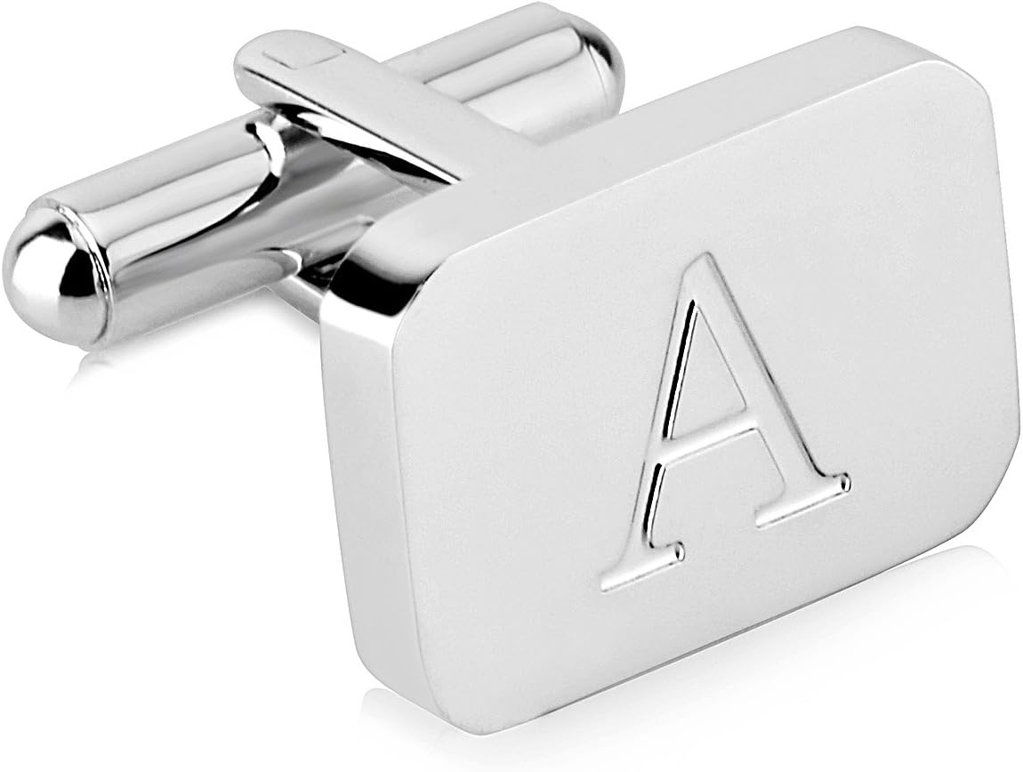 18K White-Gold Plated Initial Engraved Stainless Steel Men’s Cufflinks With Gift Box -Personalized Alphabet Letter’s A-Z By Lux & Pair
