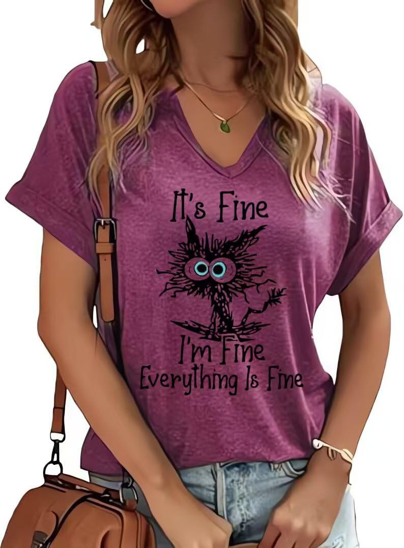 PUCKOLITY Funny Saying Graphic V Neck Shirts for Women Sarcastic Humor Shirt Casual Short Sleeve Novelty Tee Tops