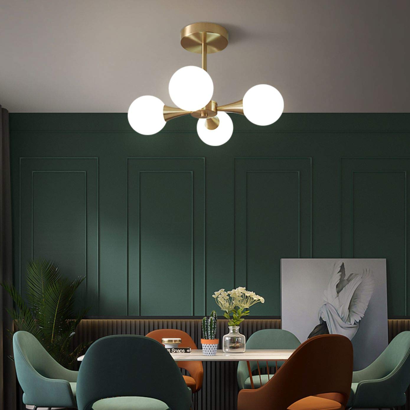 Scandinavische Plafondlamp Mulen in antiek goud met 6 glazen bollen 6xE27