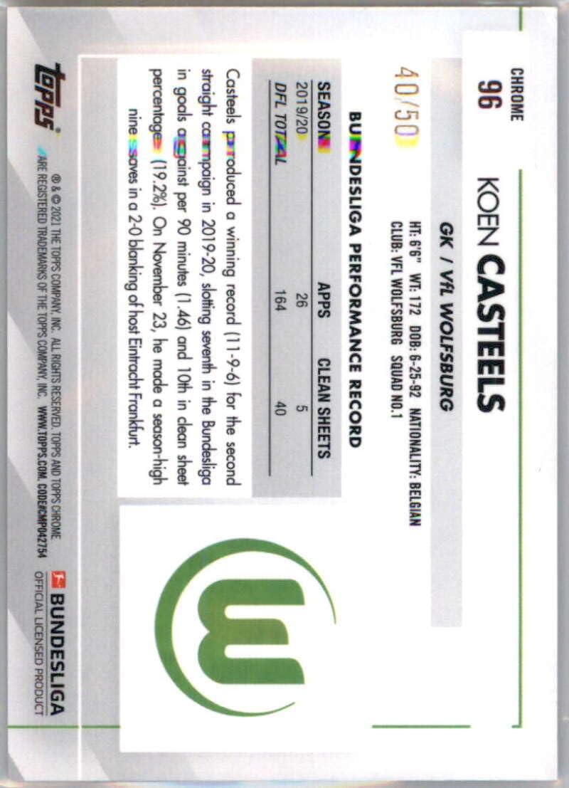 2020-21 Topps Chrome Bundesliga Gold Refractor #96 Koen Casteels VfL Wolfsburg Official Geramn Soccer League Card in Raw (NM or Better) Condition