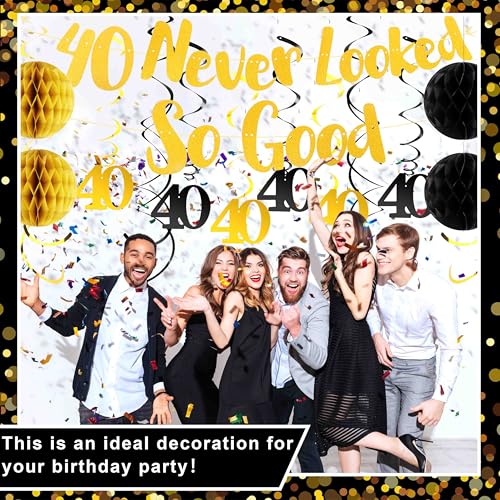 Image of 40th Birthday Decorations, Black & Gold 40th Birthday Decorations for Men & Woman inch40 Never Looked So Good inch Happy Birthday Banner with 6PCS Hanging Swirls & 4PCS Honey Ball&Table Centerpieces