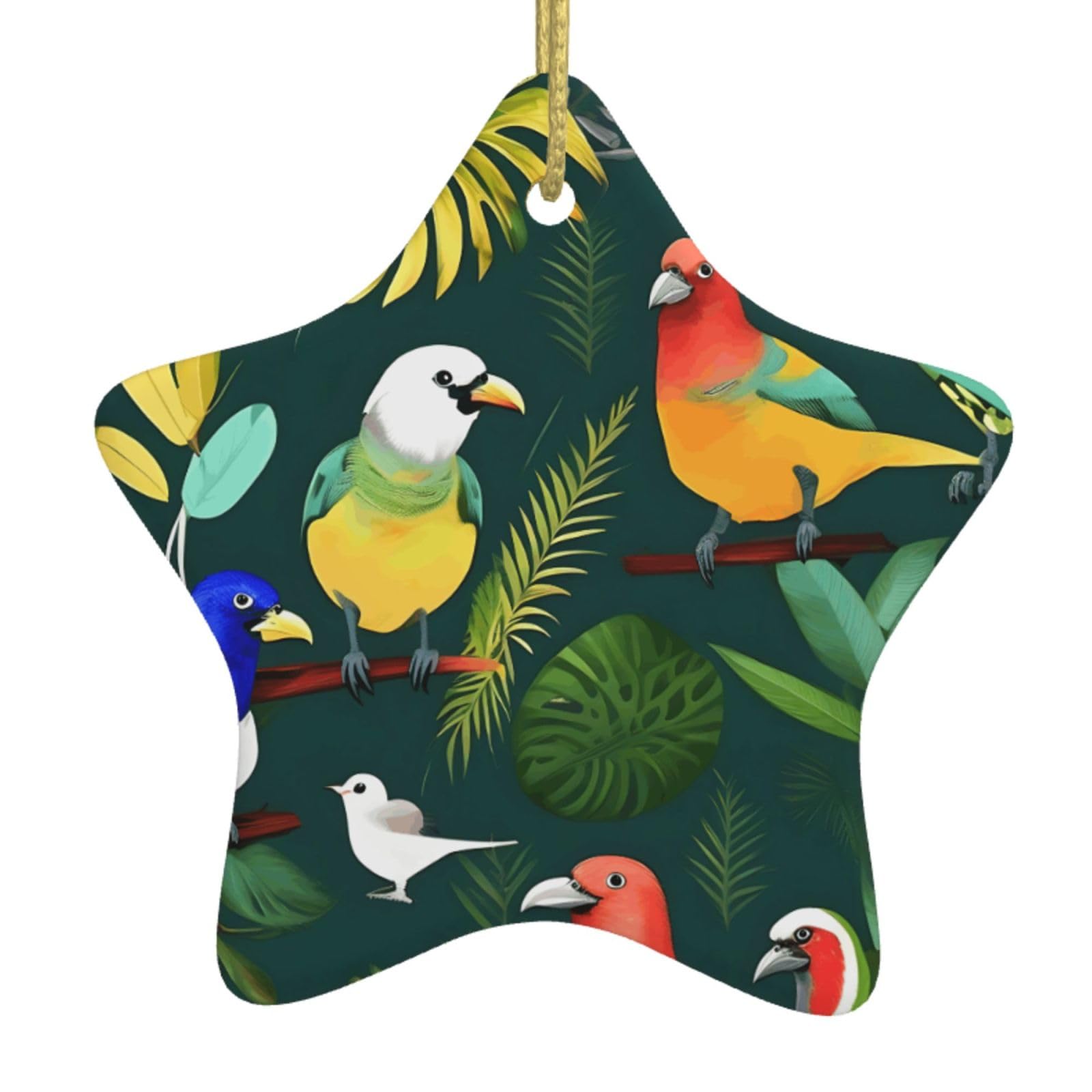Nbtghga White Tropical Birds And Plant Leaf Print Christmas Ornaments, Ceramic Hanging Ornament, Round Shape Decorations
