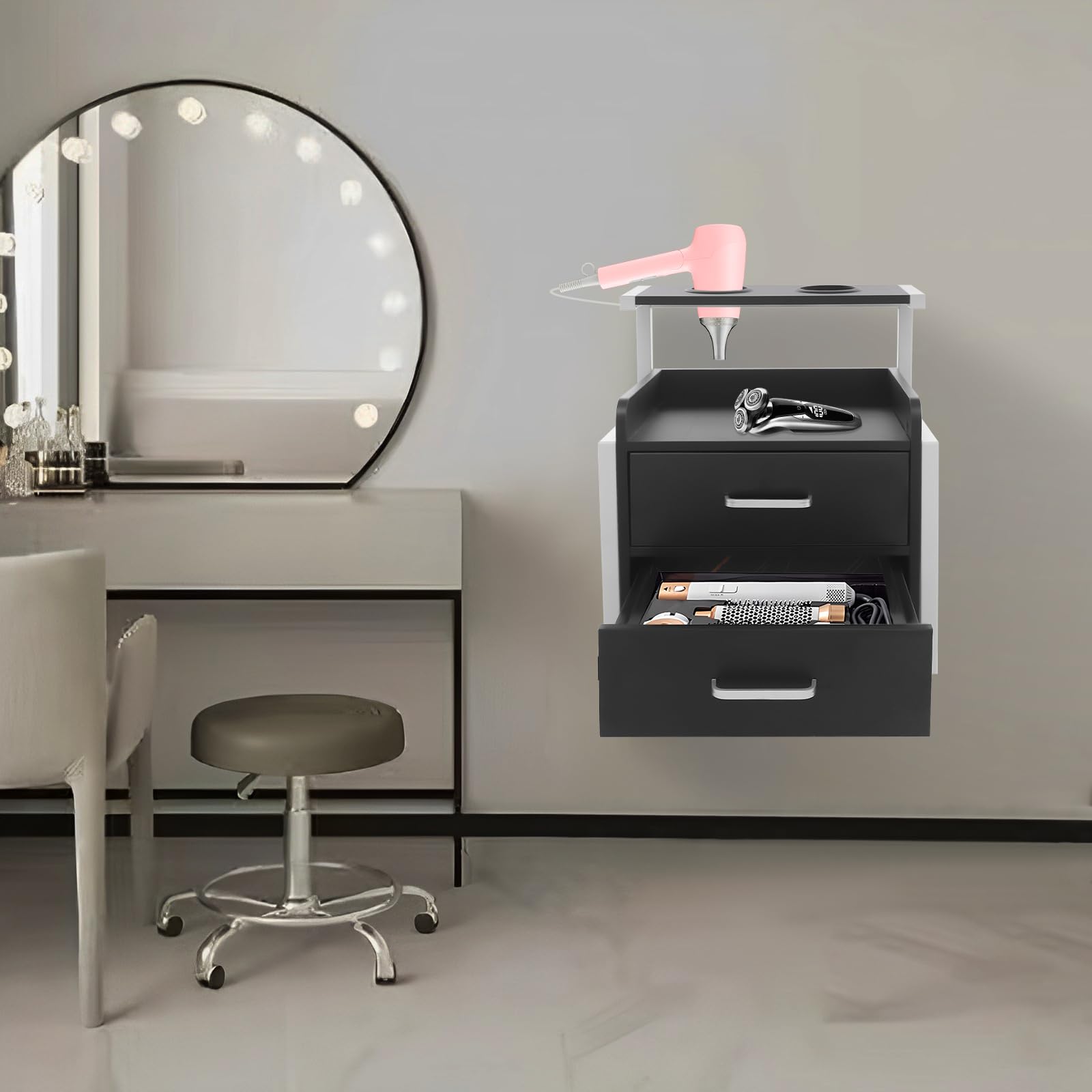 Suspended Salon Wall Cabinet, Wandschrank Friseursalon, Aufbewahrungsschrank mit 2 Schubladen, Offener Ablage und Föhnhalter, Für Salon, Bad, Spa, 40x30x48 cm (Weiß+Schwarz)