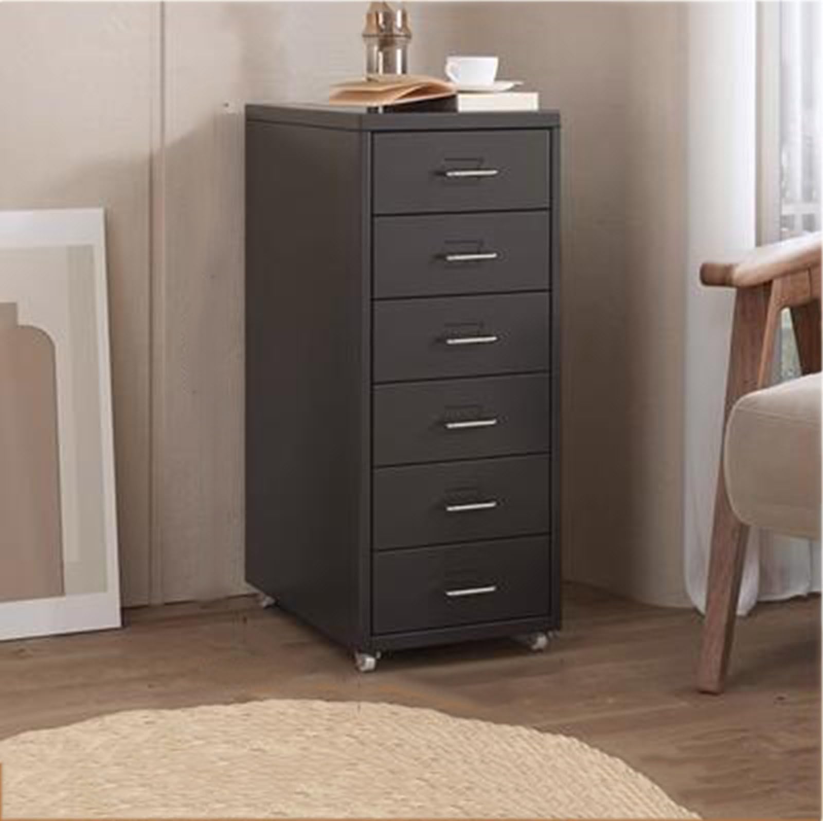 Aioneer Black Mobile Metal Filing Cabinet On Wheels Rolling Storage Organizer With Drawers Vertical Rolling File Cabinet Printer Stand Lockable Casters Office Storage Solution-27.16 * 16 * 11Inch