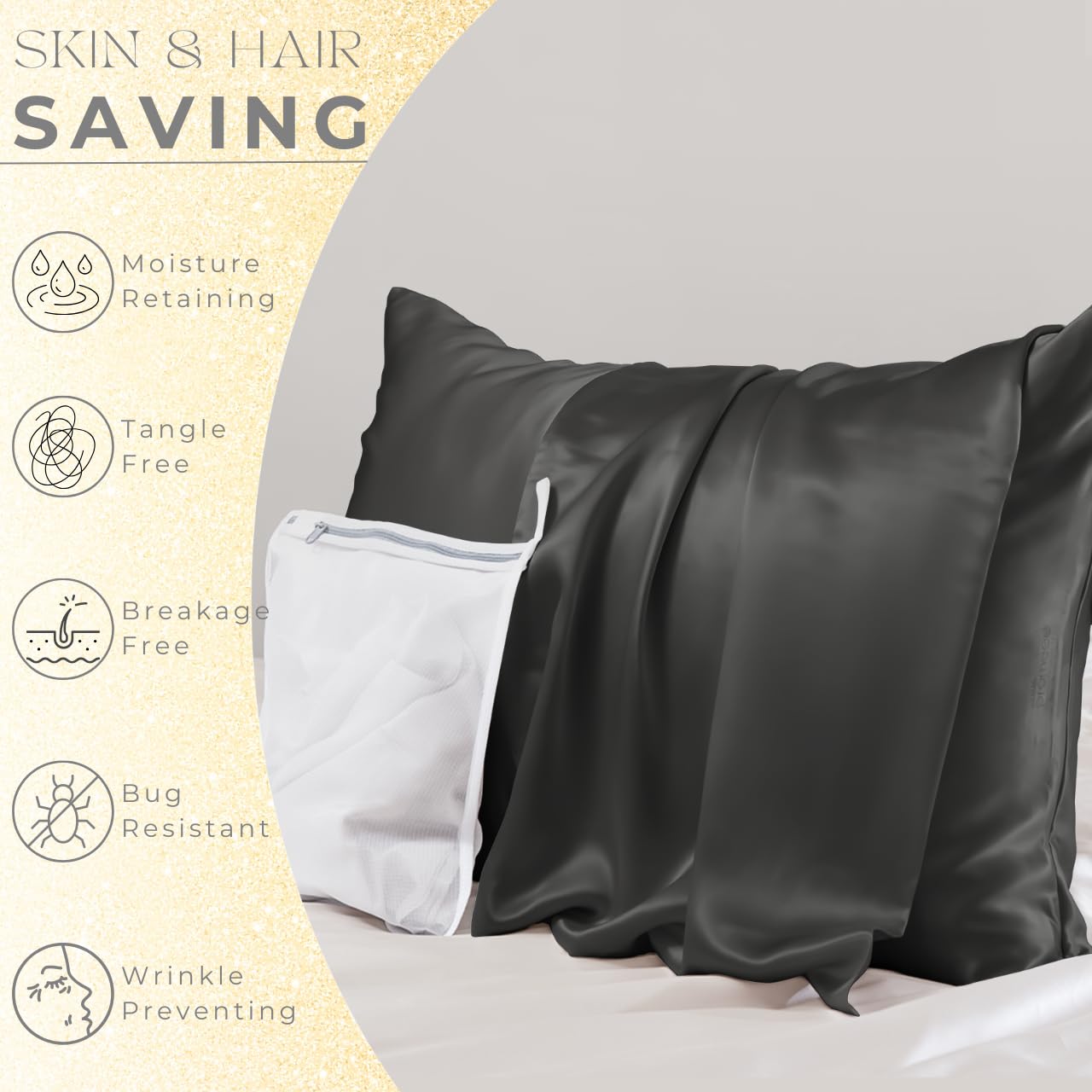 PROMEED Funda de almohada de seda negra de grado 6A+ con cremallera, seda de morera natural de 23 momme para cabello y piel, fácil cuidado con bolsa de colada (King, 51 x 91 cm, negro)