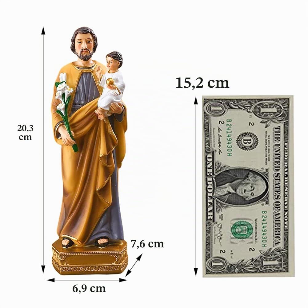 QIANLING Statua religiosa in resina di San Giuseppe con bambino, statuette cattoliche di San Giuseppe da 20 cm, regali religiosi colorati dipinti a mano, adatti per decorazioni religiose, collezioni e