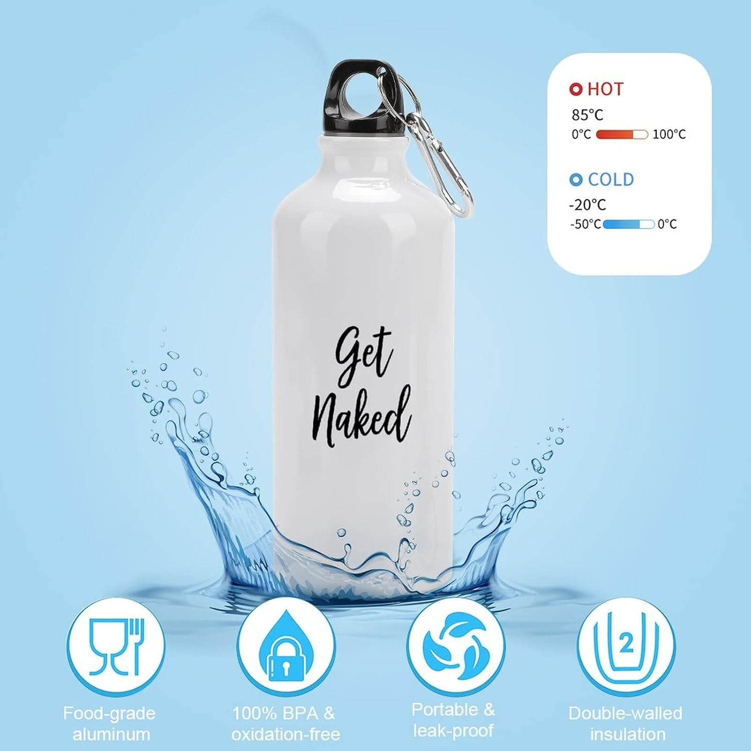 Funny Aluminum Sports Water Bottle Get Naked Insulated Sports Water Bottle with Carabiner Clip, 20 Oz, White image 3