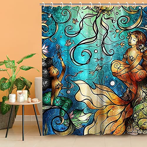 Livilan Mermaid Shower Curtain, Jellyfish Fabric Bathroom Curtains Set With Hooks Marine Ocean Animals Bathroom Decor Washable 72X72 Inches #TOP2