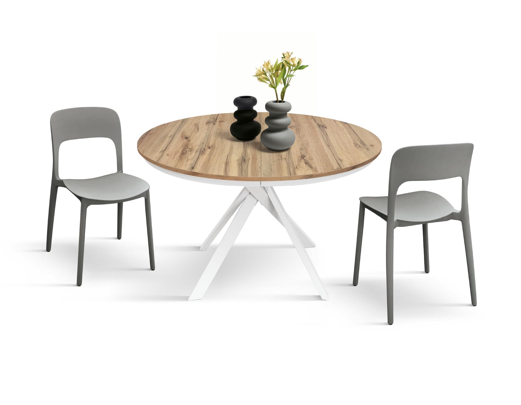 PAZZO DESIGN Tavolo Rotondo Allungabile Gabri, Tavolo Soggiorno, Cucina, Gambe Incrociate Shangay Bianche, Made in Italy, Rovere Rustico, da 120 a 170 cm - id_2177