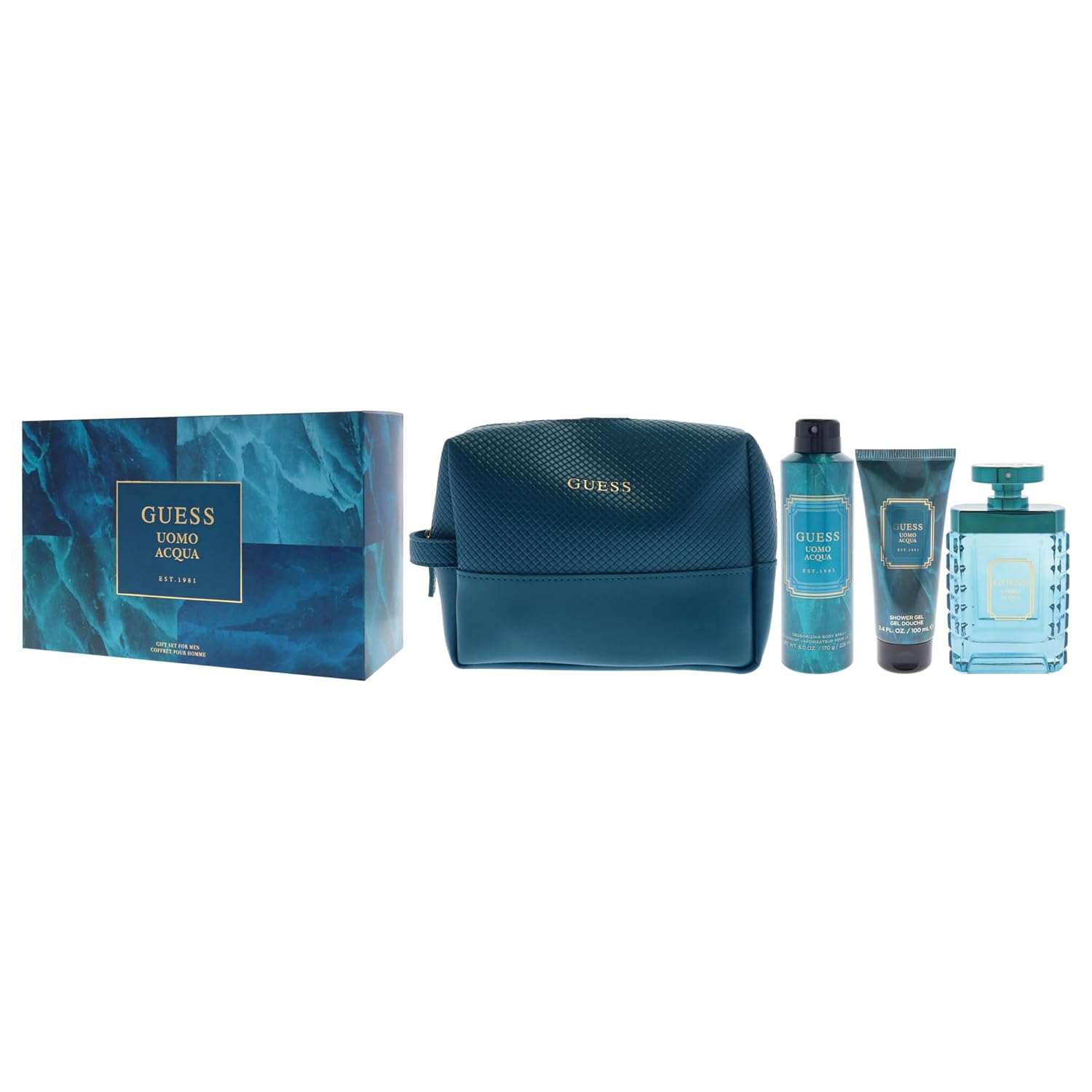 Guess Uomo Acqua by Guess for Men - 4 Pc Gift Set 3.4oz EDT Spray, 6oz Deodorizing Body Spray, 3.4oz Shower Gel, Pouch - Image 4