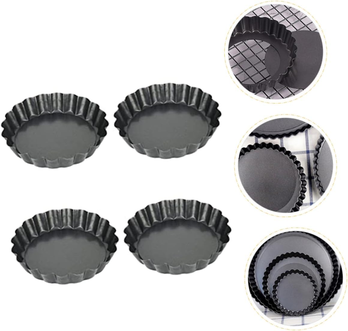 GLEAVI 4pcs round Tart Pans with Loose Base, Black Carbon Steel Bakeware