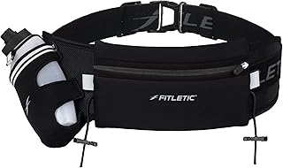 Fitletic Hydration Running Belt With 12oz Quick Flow Water Bottle For Men & Women –Race Belt, Gel Holder & Bib Toggles Patented Bounce Free Design, Water Resistant Fits All Phones –Fully Loaded