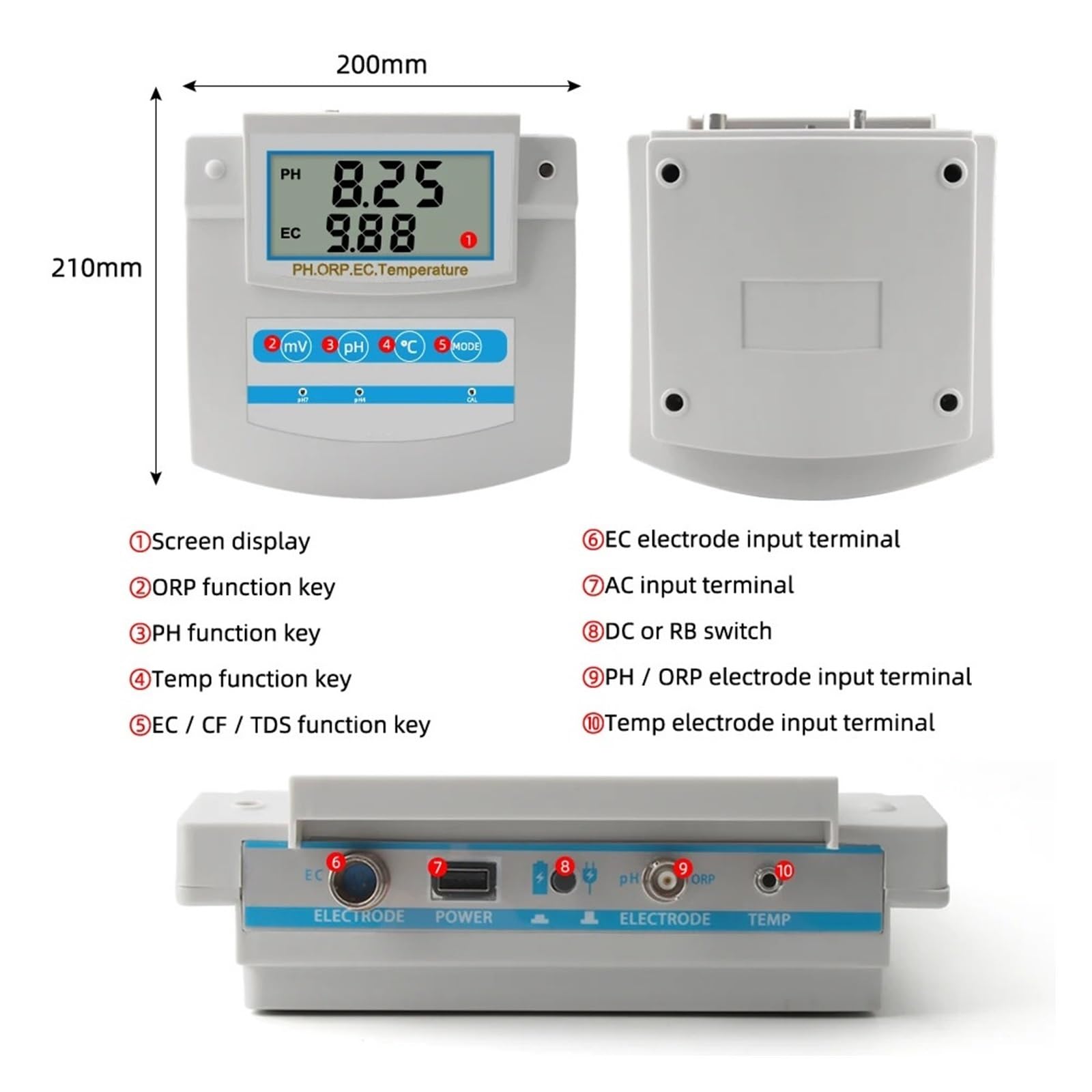 6In1 Monitor Dela qualità Del'acqua PH ORP TDS EC CF Tester da Banco for Temperatura for Laboratorio Acquario Piscina Rilevamento Rapido E Preciso