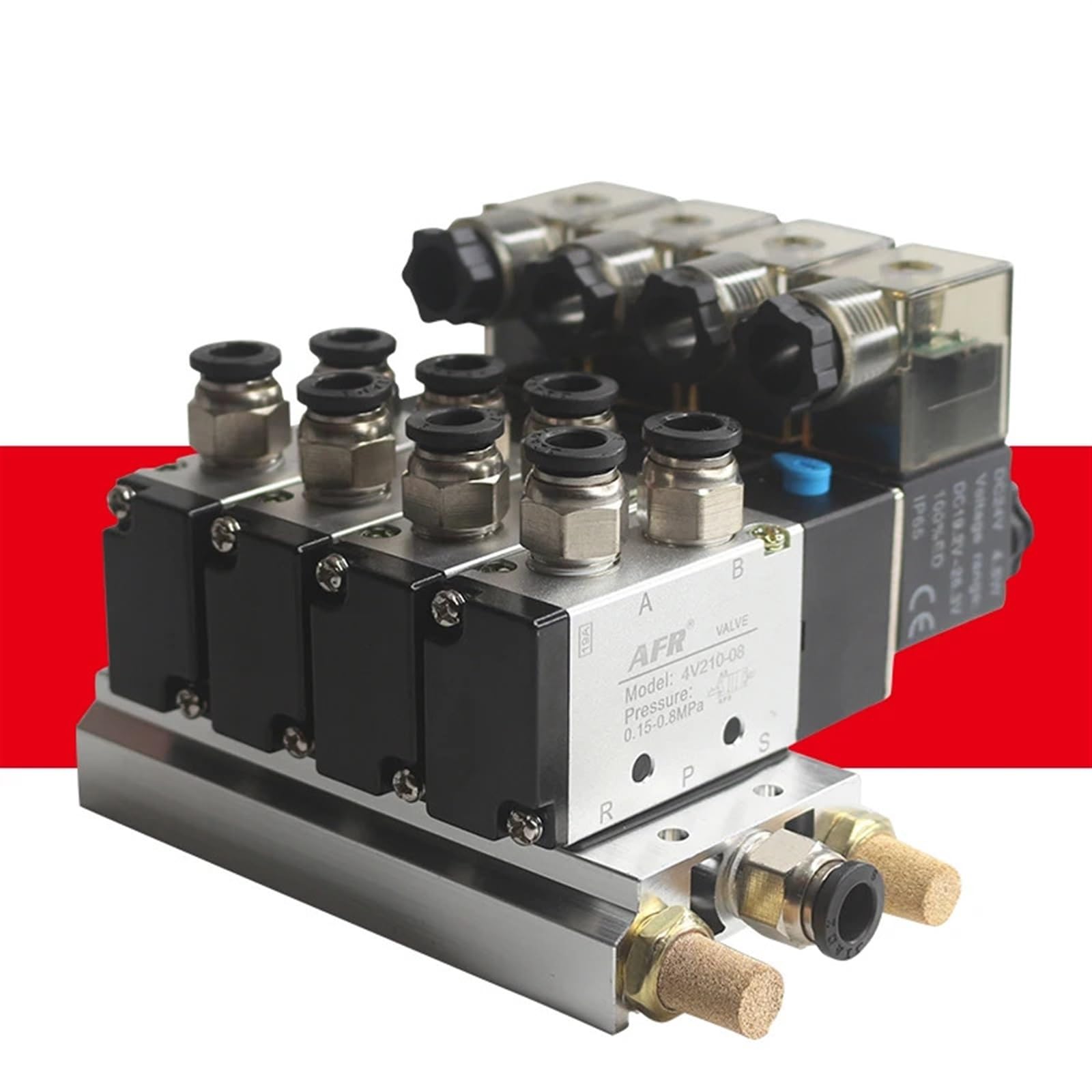 4V110-06 M5 DC24V 12V 2-pozycja 5-drożny czterokierunkowy zawór słoneczny zawór aluminiowy akcesoria zestaw tłumika 3 4 5 stacji AC220V AC110V(Dc24v 8 in 8 Out)