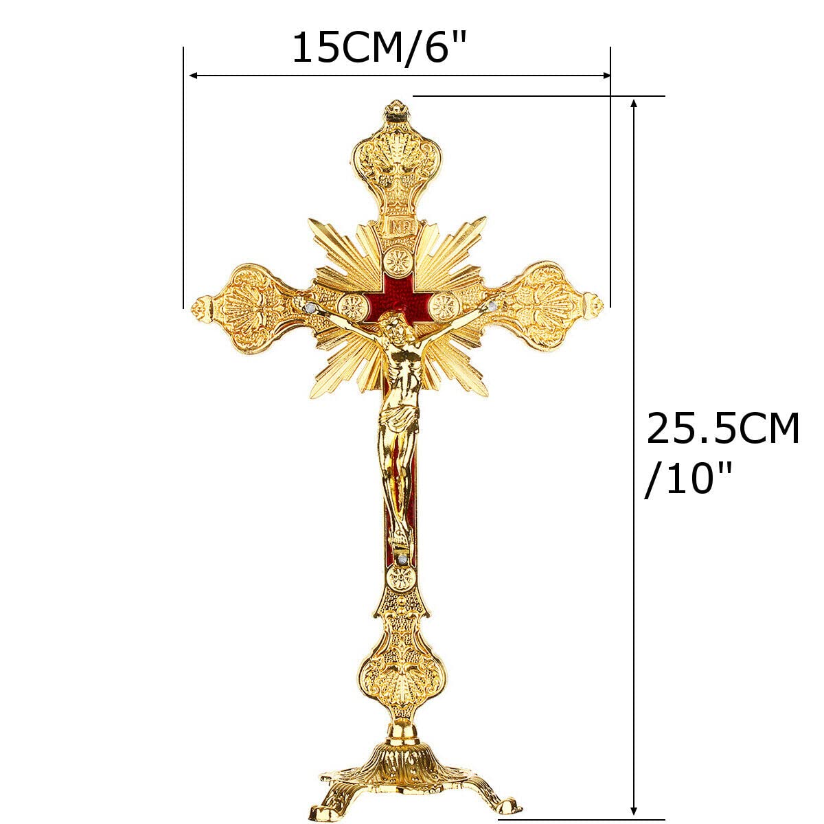 Crocifisso in piedi con base, 25,4 cm, da tavolo, in metallo, crocifisso cattolico con Gesù, crocifisso in oro antico, per la casa, decorazione della cappella, regali religiosi
