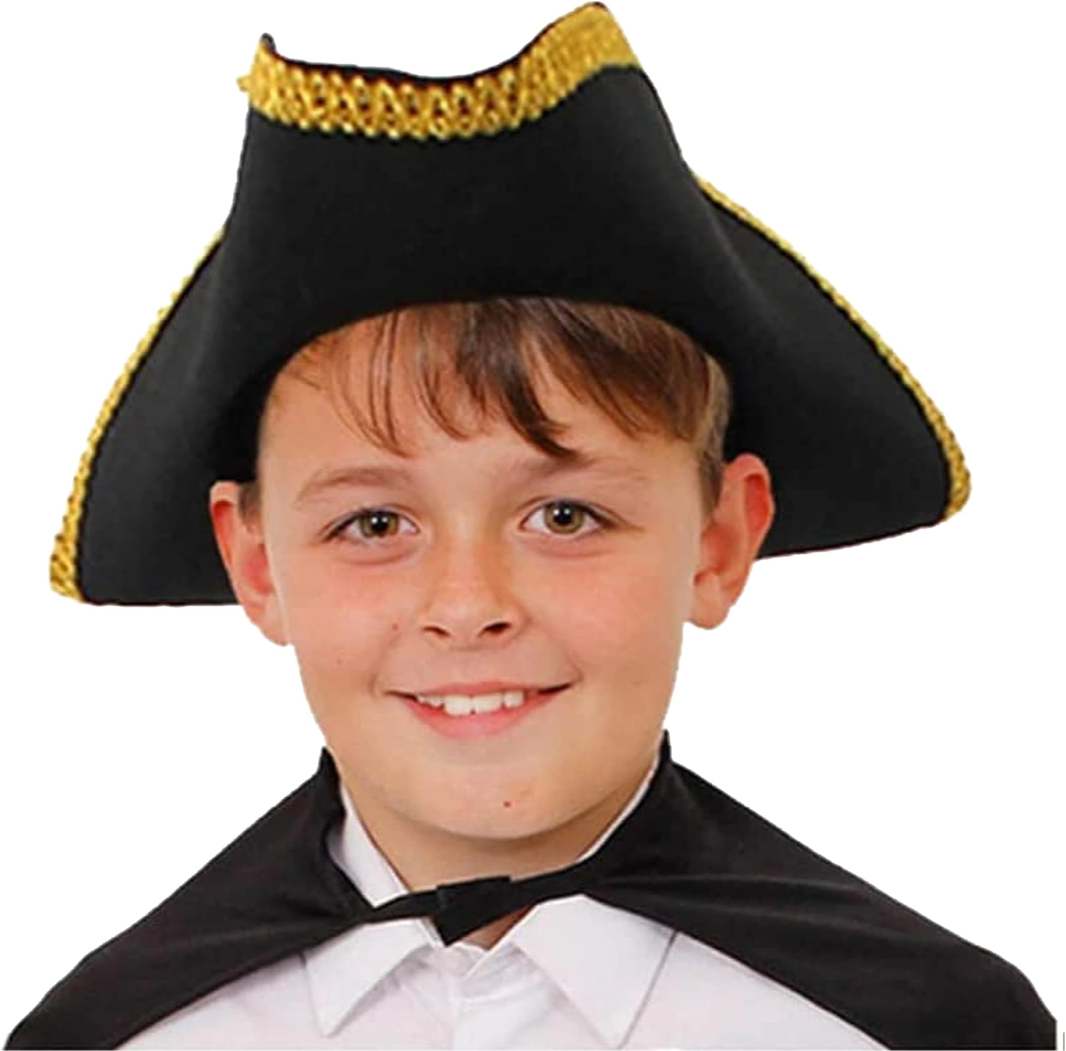 – Kids Black Tricorn Hat - Children’s Pirate Captain and Highwayman Fancy Dress Accessory - 55cm Head Size - Perfect for World Book Day, Colonial Outfits and School Plays