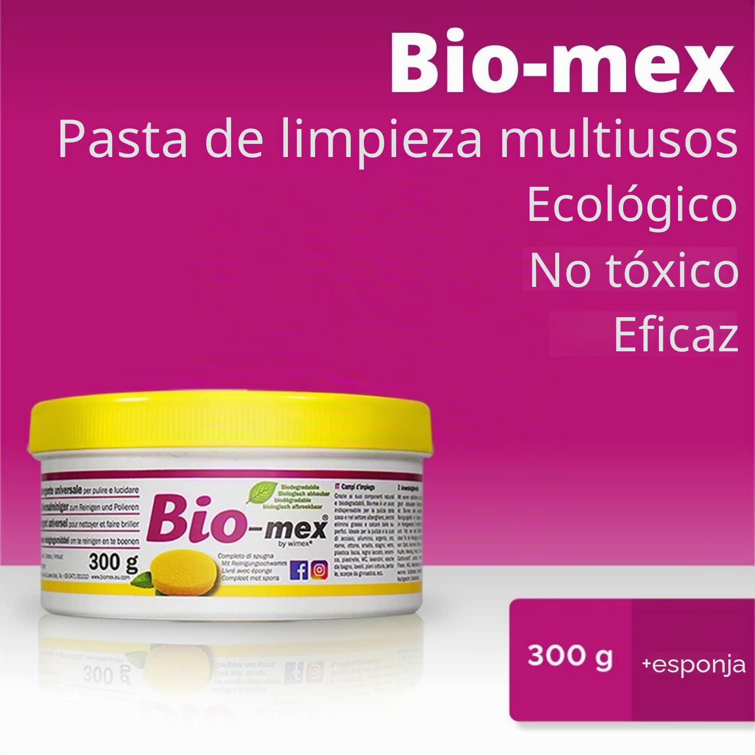 Bio-mex Pasta limpiadora Multiusos 100% Natural, Biodegradable 2X 300gr. Esponja incluida - 2X Flip-Mex Paño de Limpieza de Microfibra 16x16cm
