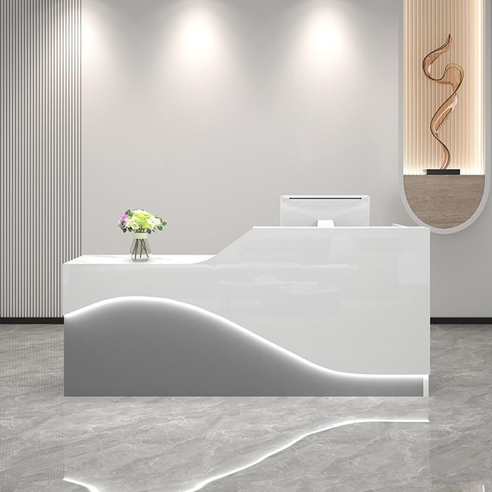 Front Desk Reception Counter, Front Counter Desk with Lockable Drawer, Reception Counter, Modern Retail Counter for Checkout Office/Beauty Salon/Lobby C-right(White+grey-R,Medium)