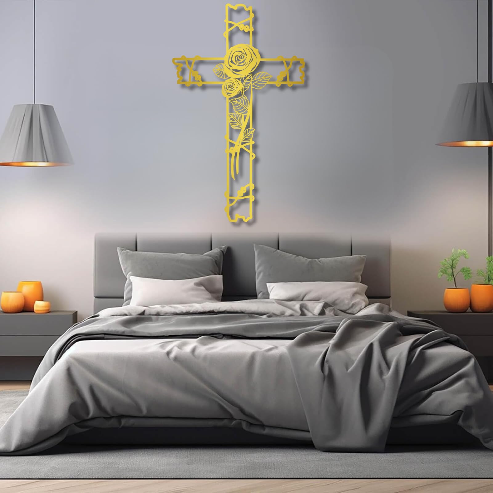 Metalowy czarny kwiatowy krzyż na ścianę, rustykalny metalowy religijny motyw ścienny, dekoracja kościoła, dekoracja salonu, sypialni, korytarza i schodów, naturalny wystrój domu (czarny, 48