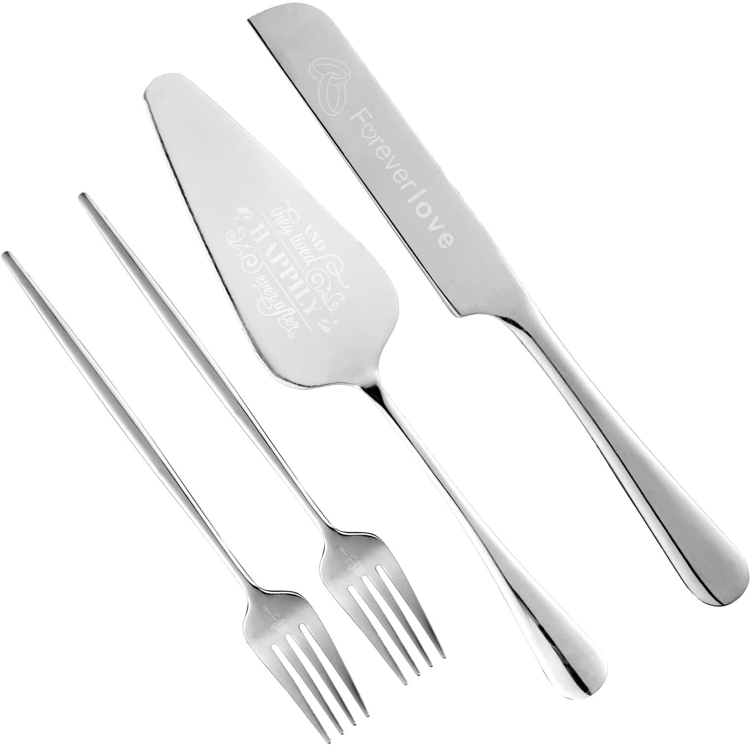 Personalized Cake Cutting Set for Wedding,4 Piece Wedding Cake Knife and Server set, Mr and Mrs Cake Cutter and Forks for Wedding, Birthday, Anniversary, Graduation Gift (Silver)