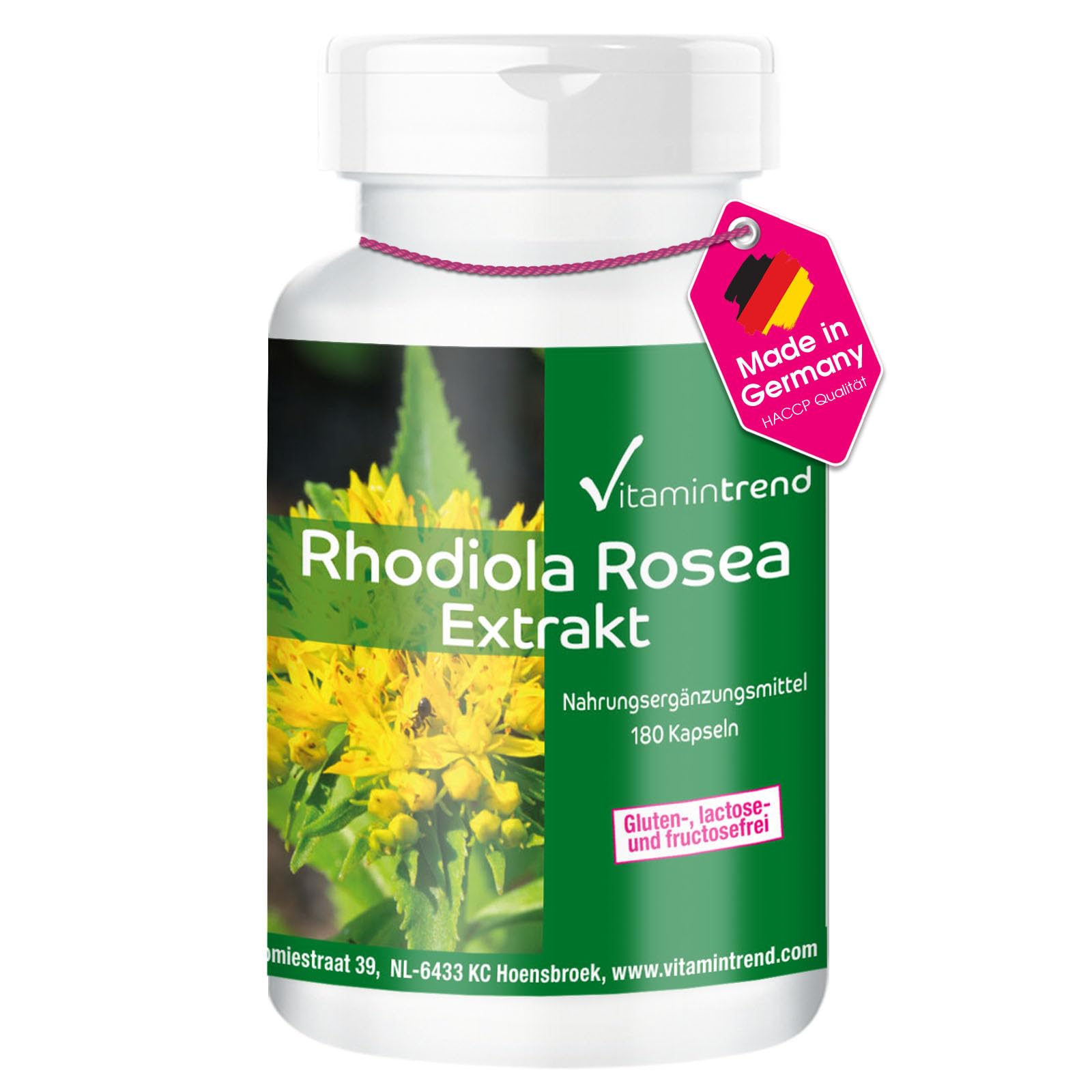 Vitamintrend Rhodiola Rosea Extrakt 500mg Tagesbedarf, 180 Kapseln, schluckfreundlich, hochdosiert, Nahrungsergänzungsmittel vegan ohne Magnesiumstearat, in Deutschland hergestellt
