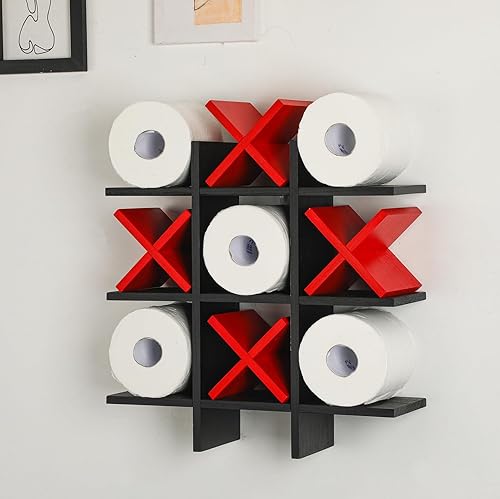 Miniatura 23 de Weysat Soporte de Papel Higiénico Tic Tac Toe Decoración de Pared de Baño Almacenamiento Colgante de Madera Rústica Estantes Independientes Montados