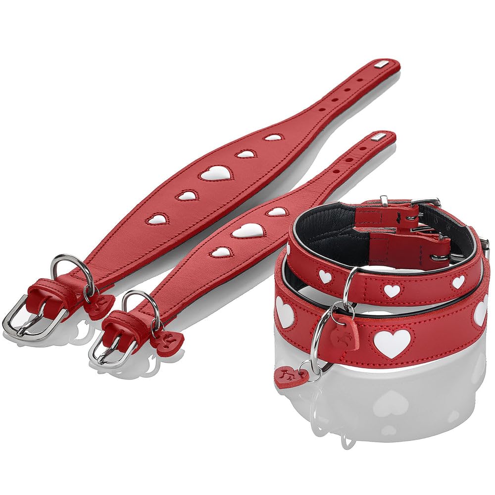HUNTER Windhundhalsband Love, Farbe: braun/schwarz, weiches, Robustes Rindsleder, einzeln eingenähte Herzen, breitere Form, gepolstert, hoher, Made in Germany, Größe 52