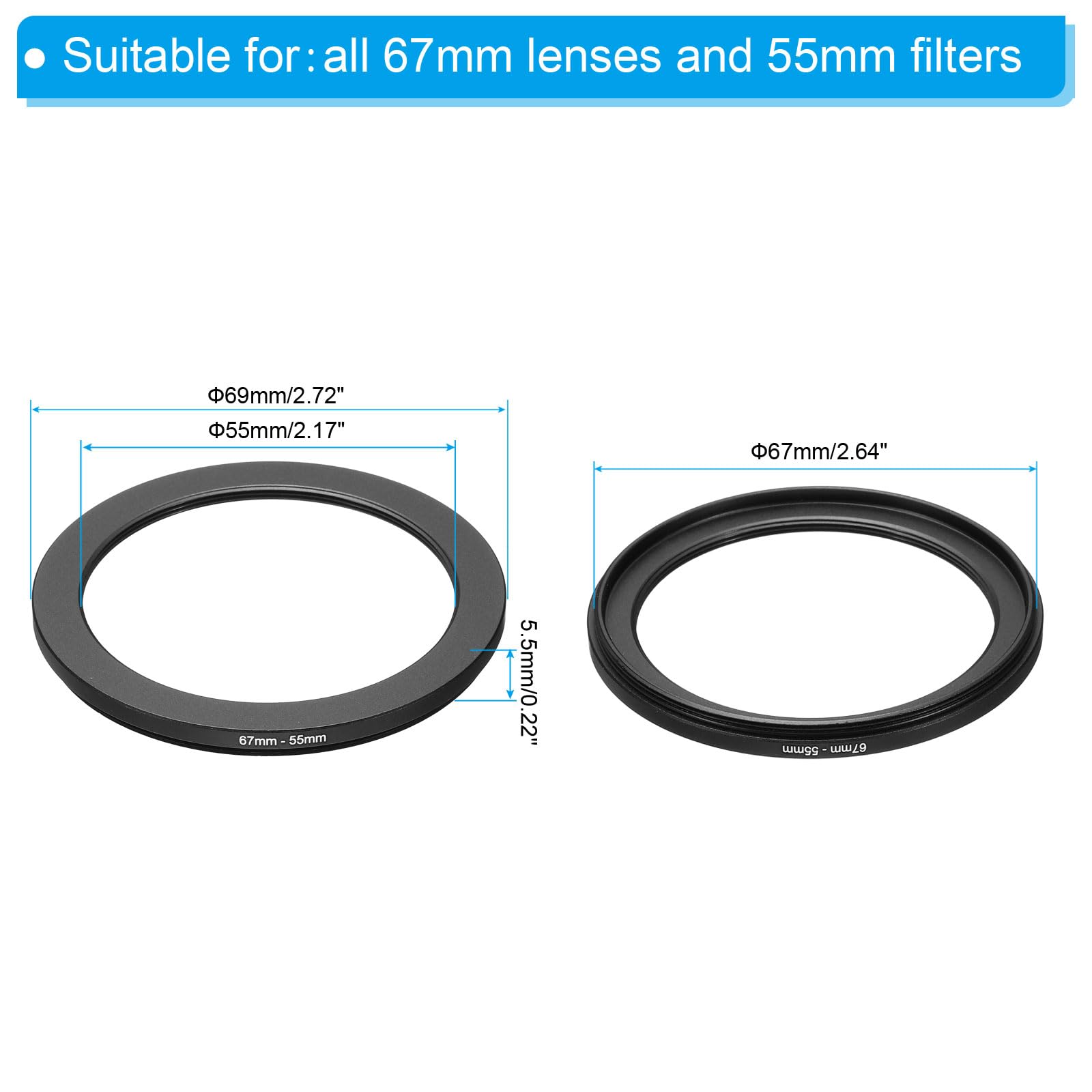 PATIKIL 67mm-55mm Metal Step Down Ring, Camera Lens Filter Adapter Ring Aluminum Filter Adapter Ring for Camera Lenses Hood, Black