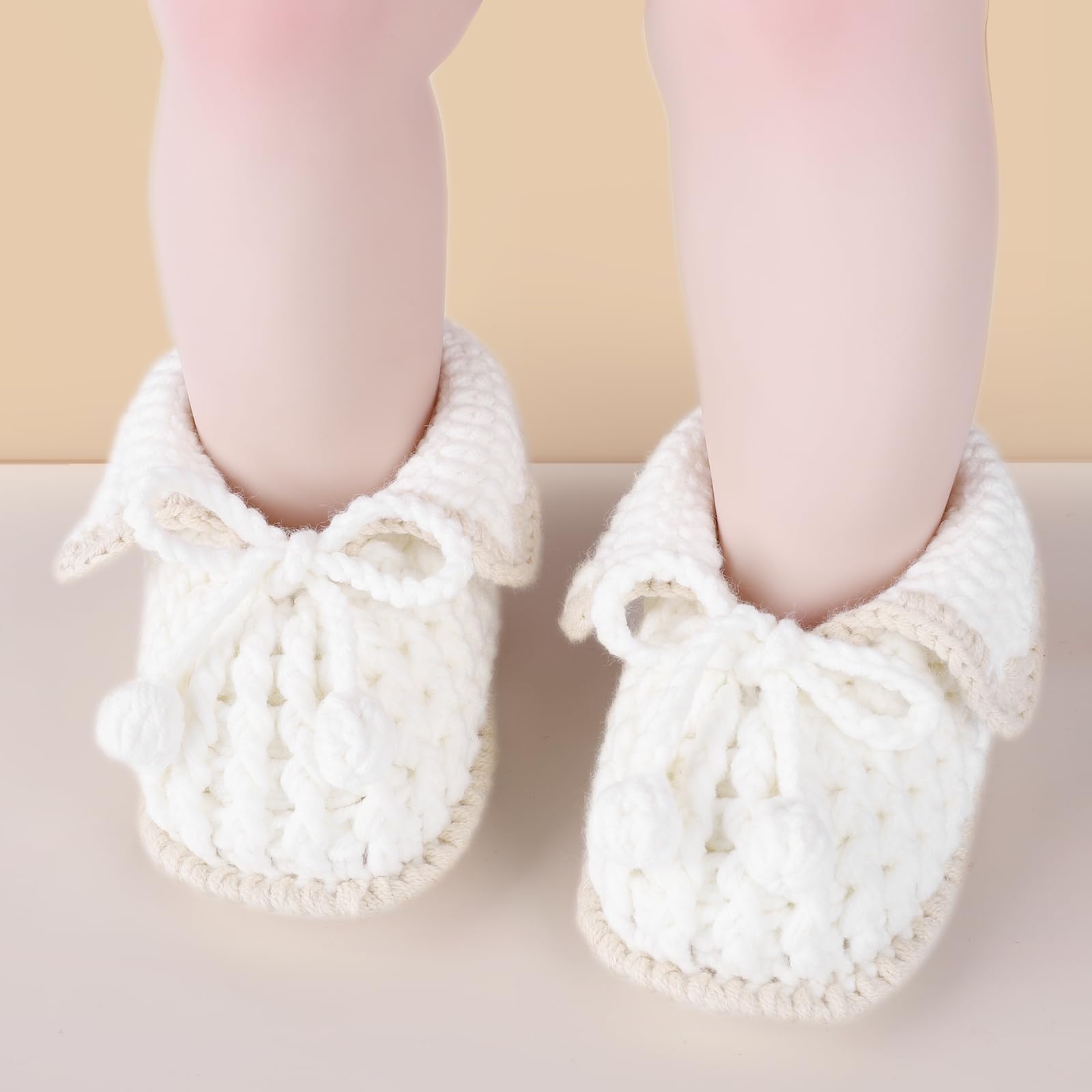 KARUNEL Baby Booties Newborn Hand Crochet Knit Cotton Bootie Soft Cozy Warm Socks Shoes for Infant Boys Girls Ivory 0-3 Months