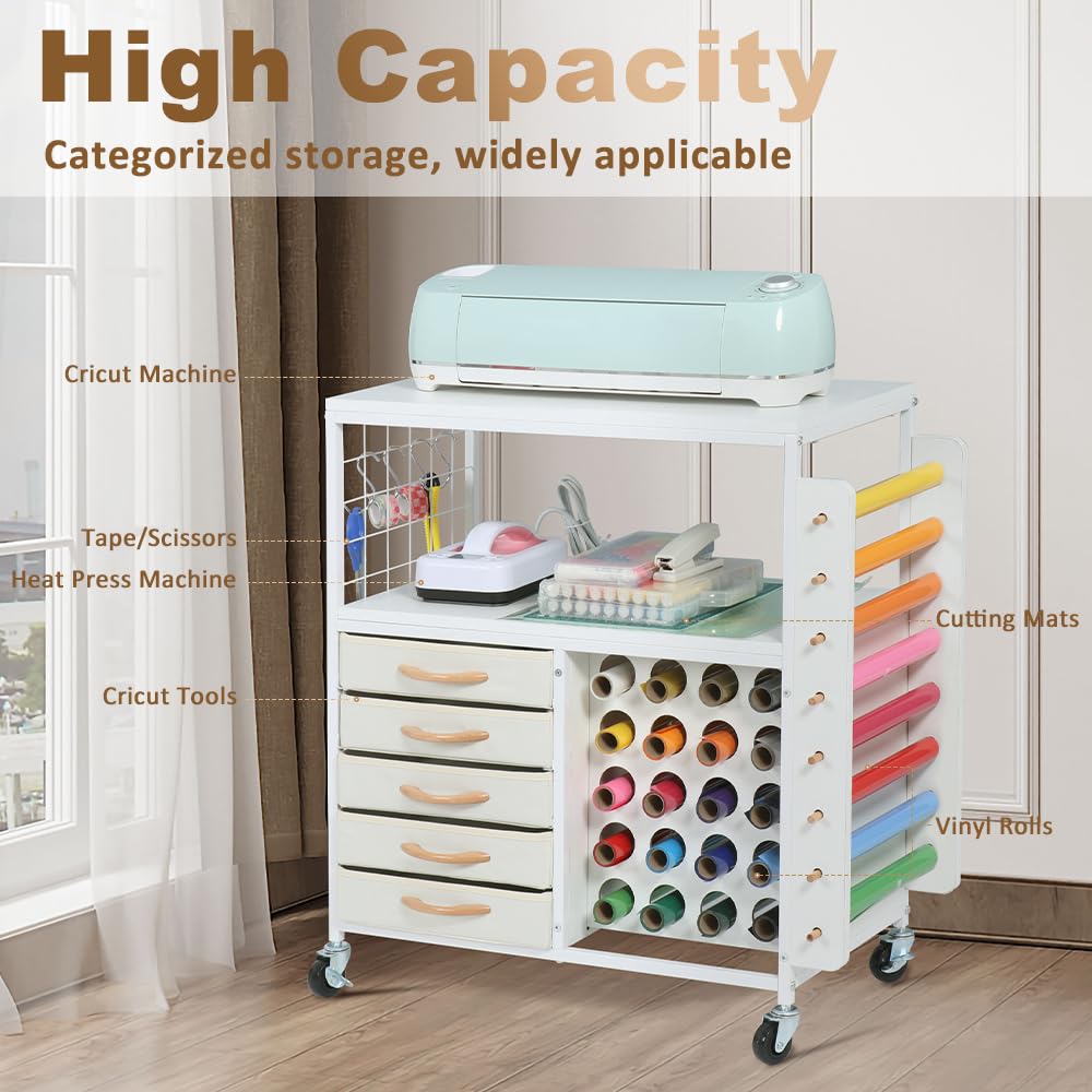 SMONTER Tavolo per organizzazione e conservazione per macchine Cricut, armadietto con 28 supporti per rotoli in vinile e 5 cassetti, supporto per pressa a caldo con ganci
