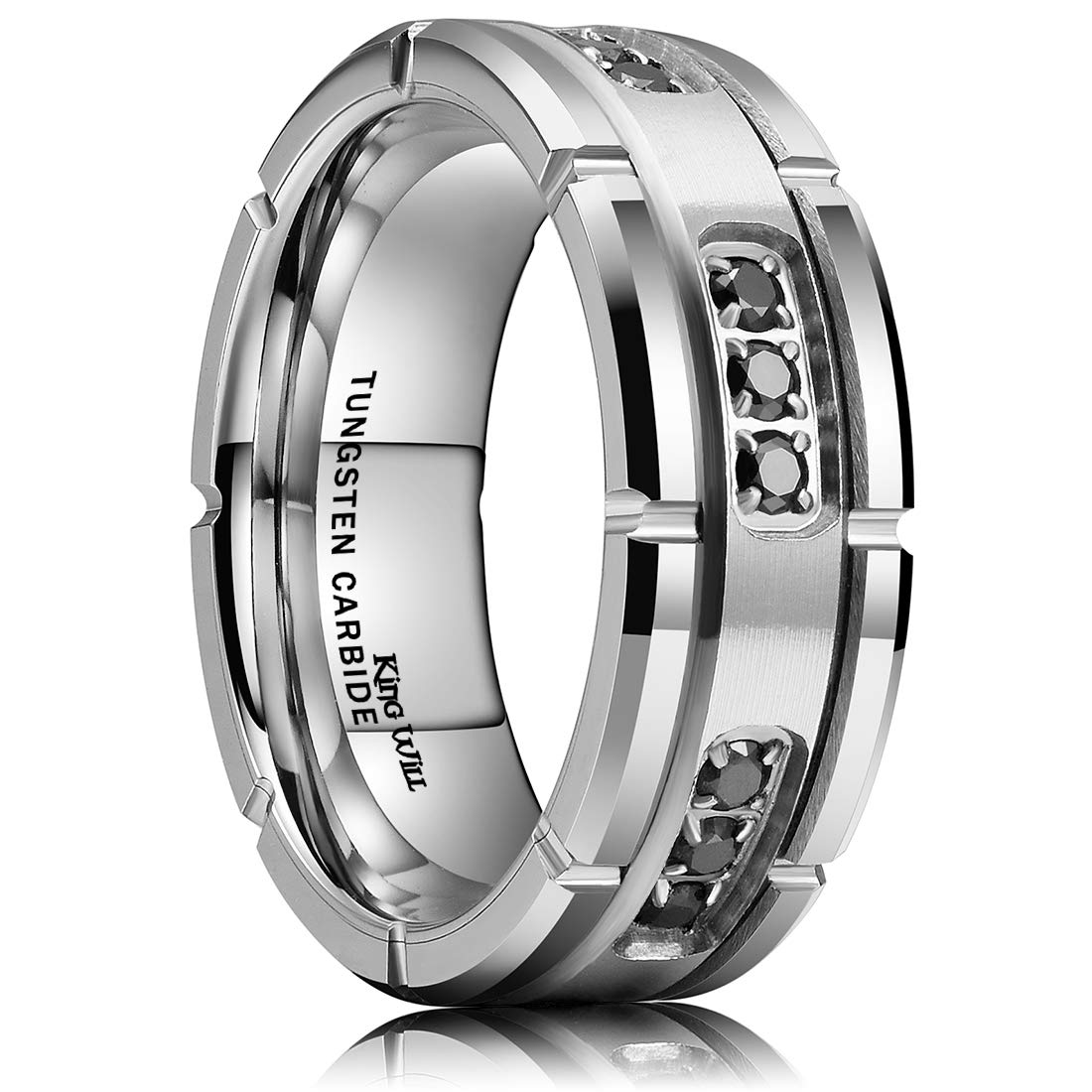 King Will Mens Tungsten Wedding Band with Cubic Zircon Inlay 7mm/8mm Flat Cut Comfort Fit Engagement Rings