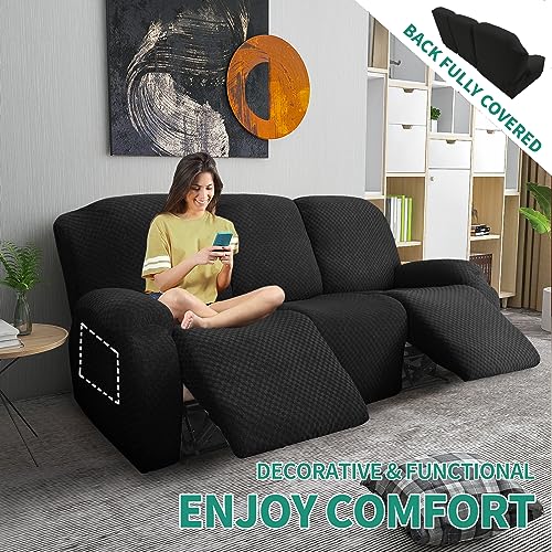 Image of YEMYHOM 8 Pieces Stretch Recliner Sofa Cover Jacquard Reclining Couch Cover with Side Pocket Anti-Slip Fitted 3 Cushion Furniture Slipcovers with Elastic Bottom (Sofa Recliner, Black), Large