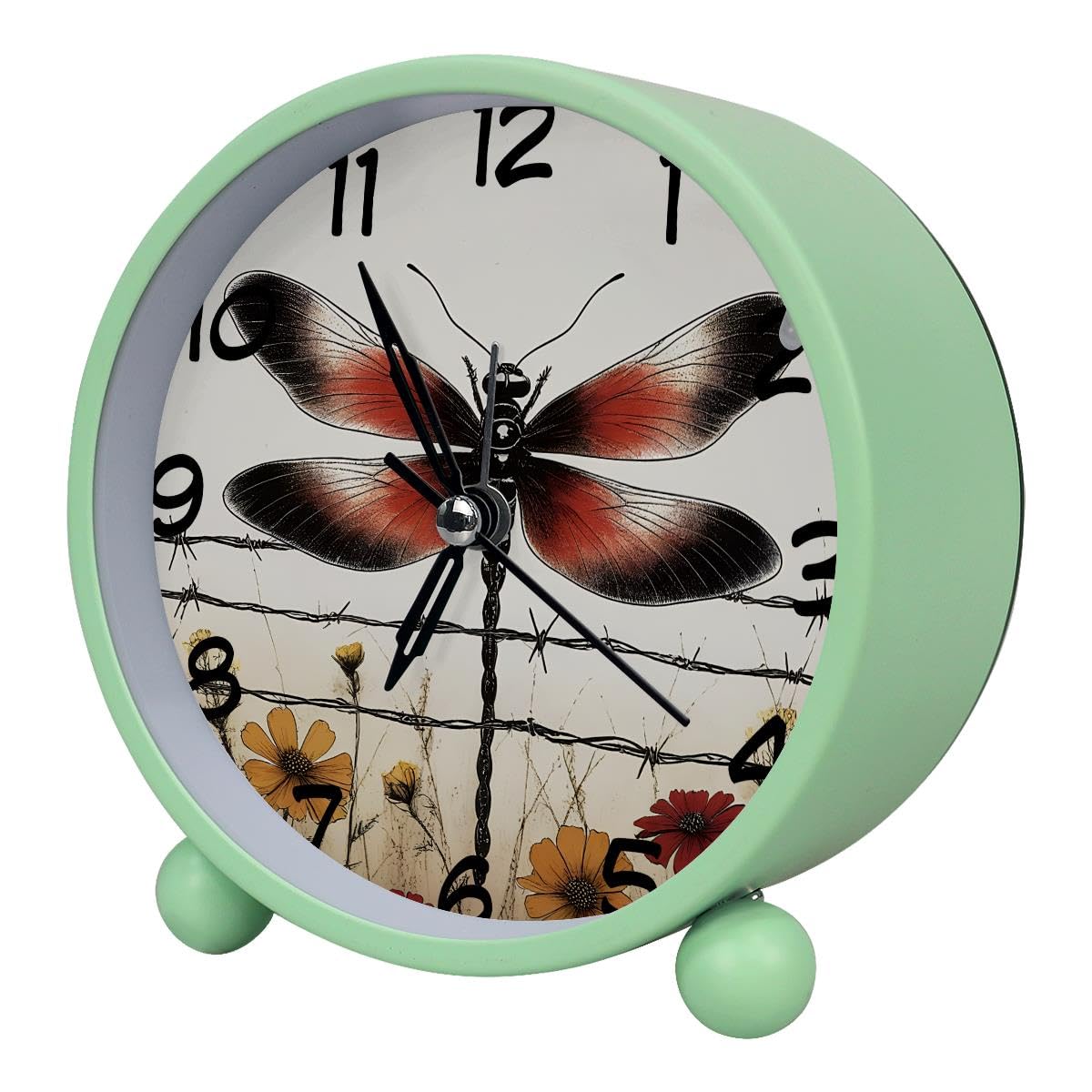 Luoweisi Analog Alarm Clock Dragonfly Flower, Silent Non-Ticking with Night Light, Battery Operated, Round Desk Alarm Clock for Office, Bedroom, Elderly, Adults, Children, Student Gifts