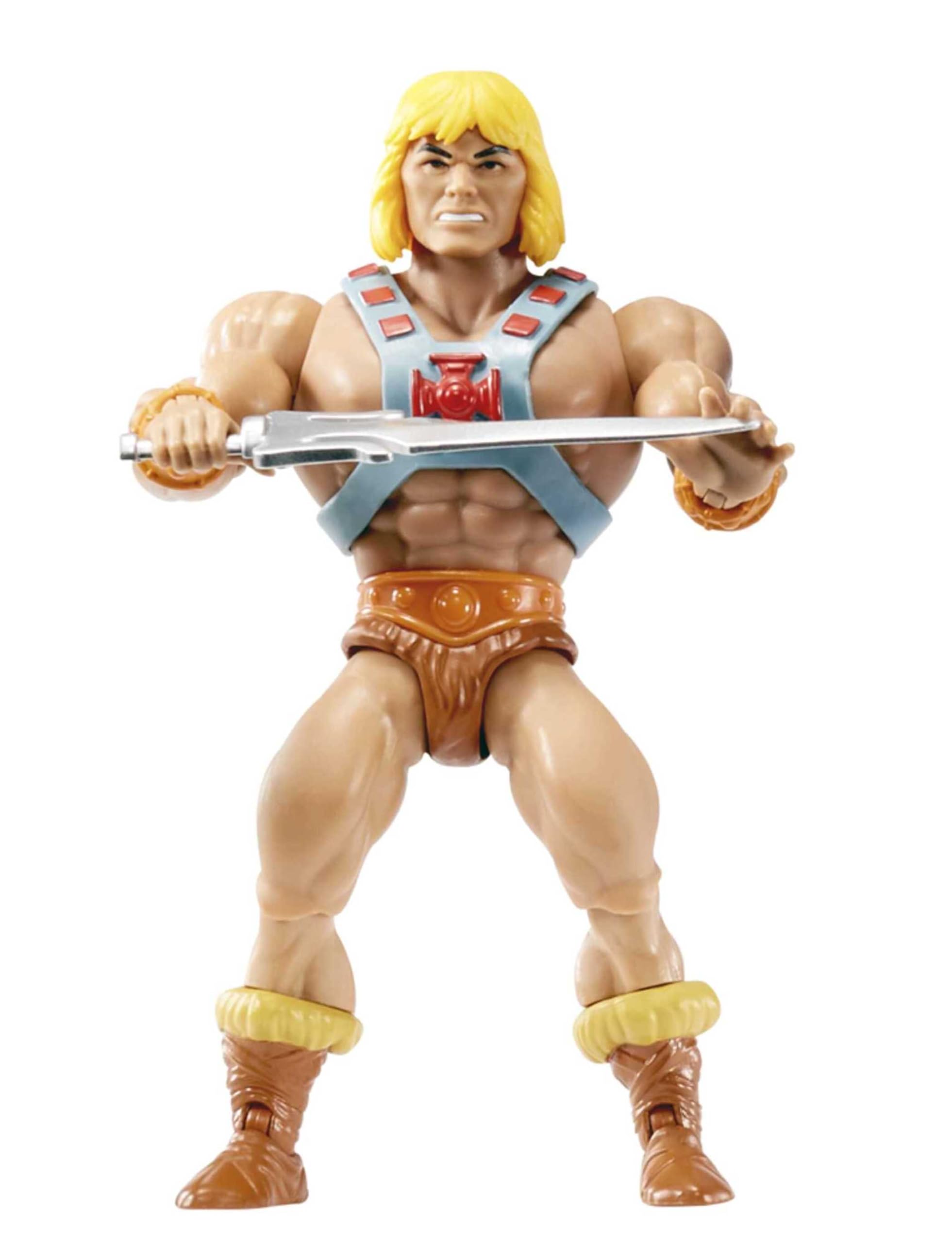 Masters of The Universe Origins Figura de acción de He-Man, Juguete de héroe de televisión de 13,97cm, Motu 1980, diseño detallado con arnés, Espada, Hacha y Escudo, JNP97