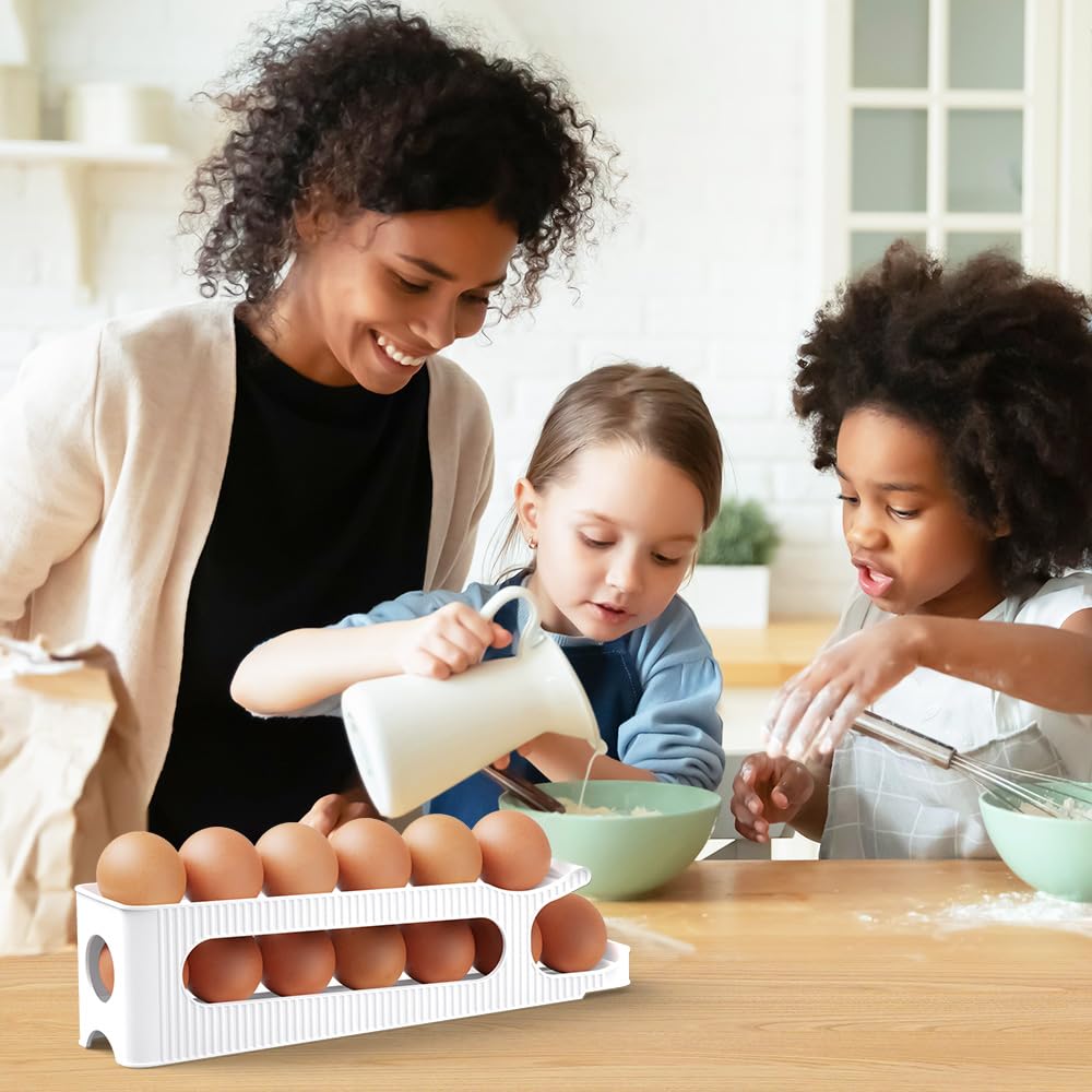 Soporte para huevos para nevera, organizador de almacenamiento de huevos de 2 niveles para refrigerador, recipiente delgado que ahorra espacio, dispensador - Rodillo de huevos para huevos, 12 unidades 7